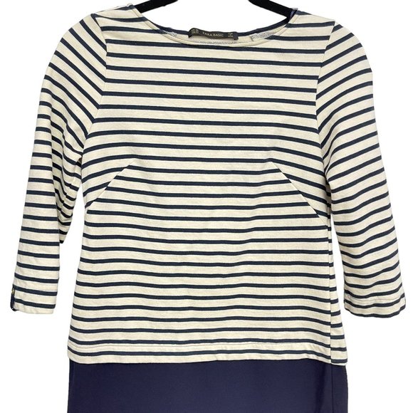 Zara Basic Women's  3/4 Sleeve Striped Navy Blue Mini Dress Size XS - Picture 3 of 11